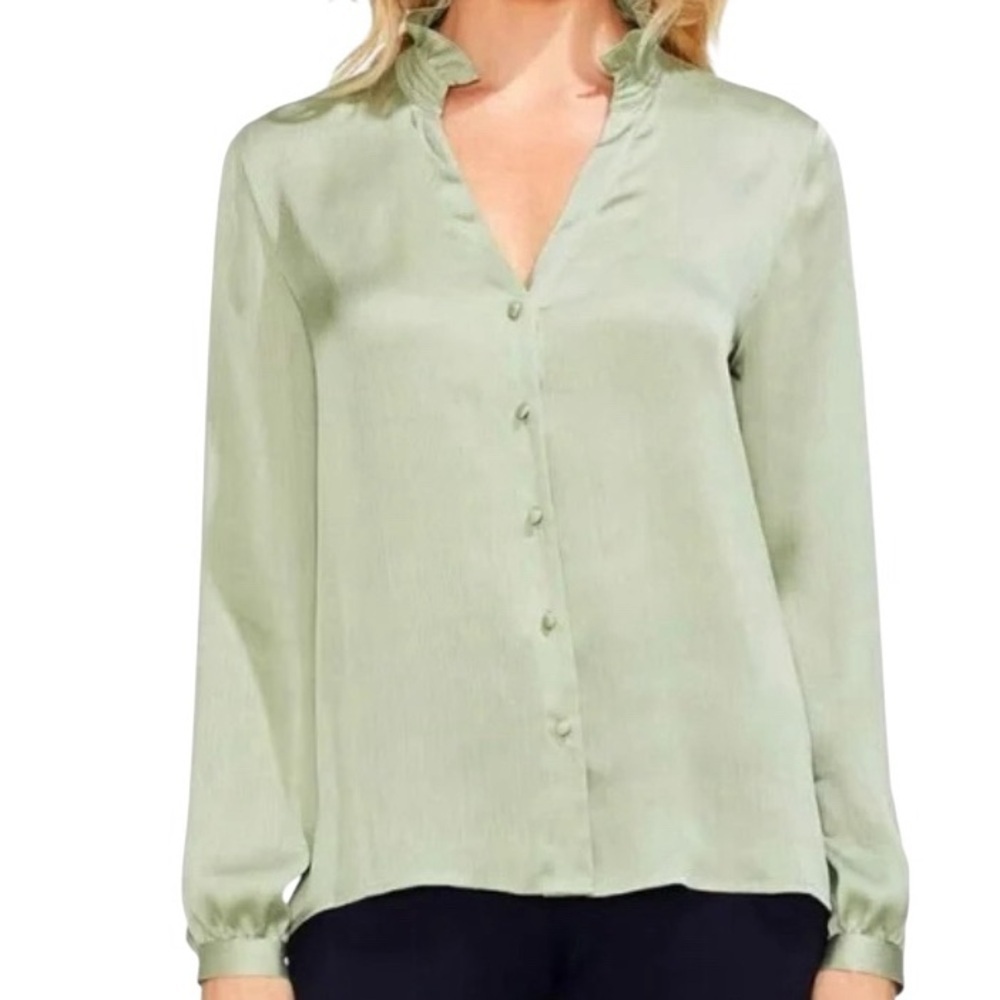 Vince Camuto sage Green Ruffle mock neck long sleeve Blouse spring professional